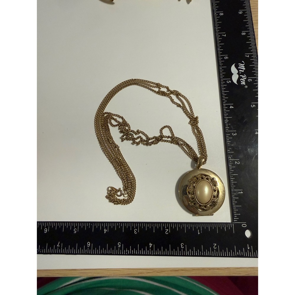 Vintage Gold Tone Large Round Locket Necklace Faux Pearl Filigree Triple Chain